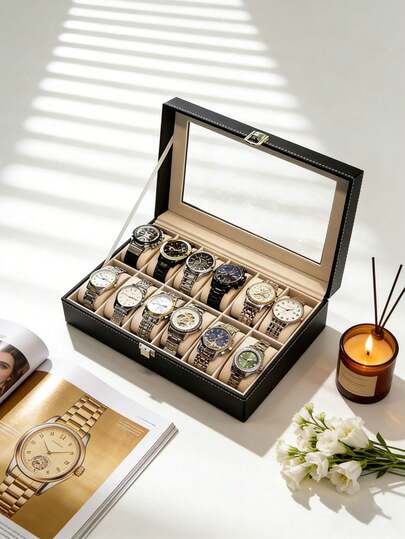 Slot Luxury Large Capacity Watch Storage Box, Display Stand Holder For Watches, Bracelets, Suitable For Men And Women, Mechanical & Electronic Watch Organizer. Elegant Black PU Leather Case With Safety Barrier - Can Hold Watches, Perfect Gift Display Box PU Leather Case, Watch Storage Box, Clock Display Box, Home Organization And Storage, Room Decor, Gift For Men And Women