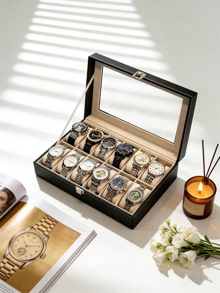 Slot 豪华大容量手表收纳盒，手表、手镯展示架，男女通用，机械表和电子表收纳神器。优雅黑色PU皮革外壳，带安全隔板，可存放手表，是完美的礼品展示盒。PU皮革外壳，手表收纳盒，钟表展示盒，家居收纳整理，房间装饰，男女皆宜的礼物。