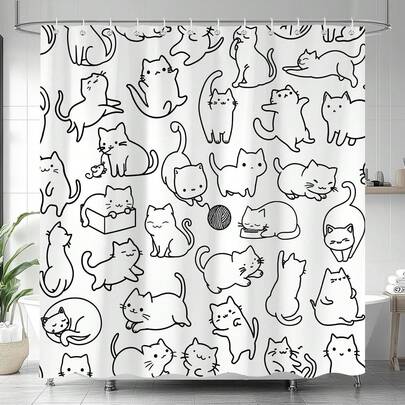 1件装现代简约卡通猫咪浴帘，时尚可爱动物印花浴帘，适用于各种房间浴室装饰隔断，浴室配件淋浴浴缸帘