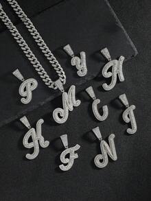 嘻哈风镶钻链，配定制草书字母吊坠，镀金项链，个性化首字母首饰 - 嘻哈字母項鍊 - 查看 4