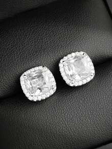 MOONSO 1对经典方形锆石耳钉，永恒时尚珠宝 E1097 - 銀色 - 查看 3