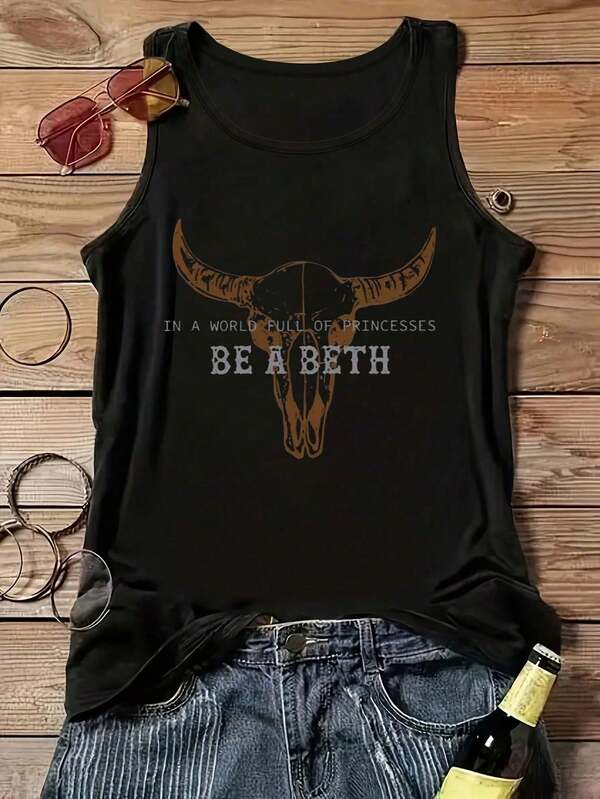 Western Vintage Bull Pattern Boho Summer Top, Round Neck Tank Top For Casual Summer Outfits, Plus Size Round Neck Casual Tank Top For Women