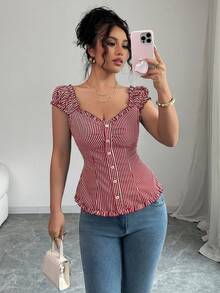 LilyHouse 女士 Y2K 条纹衬衫 - 性感优雅休闲短袖上衣 | 适合海滩度假、情人节穿搭、春季女装夏季 - 棗紅色 - 查看 4