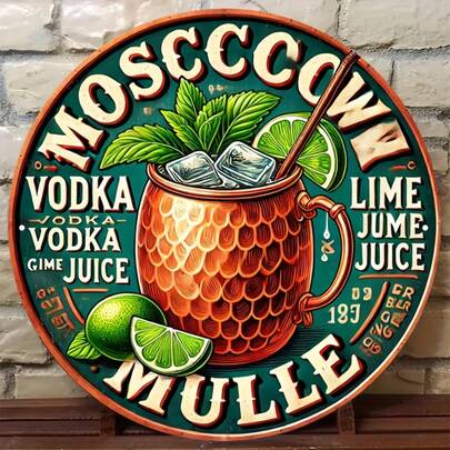 1pc Vintage Moscow Mule Cocktail Sign - 8 Inch Round Retro Bar Decor, Mint, Lime & Vodka Design, Durable Wooden Wall Art For Home/Cafe Party, Pre-Drilled Easy Installation, Unique Gift Idea, Vibrant Colors, Nostalgic Style, Holes Pre-Drilled As Shown