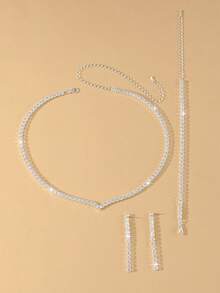 3pcs/Set Gold V-Shaped Elegant Crystal Necklace, Earrings, Bracelet Jewelry Set - Graceful And Versatile, Suitable For Women's Daily Wear, Weddings, Parties, Etc. - Yellow Gold - View 8