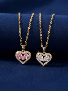 1件优雅金色心形吊坠项链，情人节礼物 - 圆形切割透明钻石和粉色蓝宝石叠层浪漫珠宝礼品 - 彩色 - 查看 1