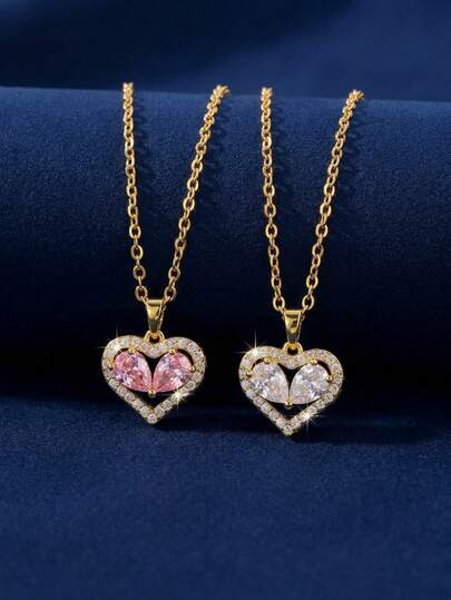 1pc Elegant Gold Heart Pendant Necklace, Valentine's Day Gift - Round Cut Clear Diamond & Pink Sapphire Layered Romantic Jewelry Gift