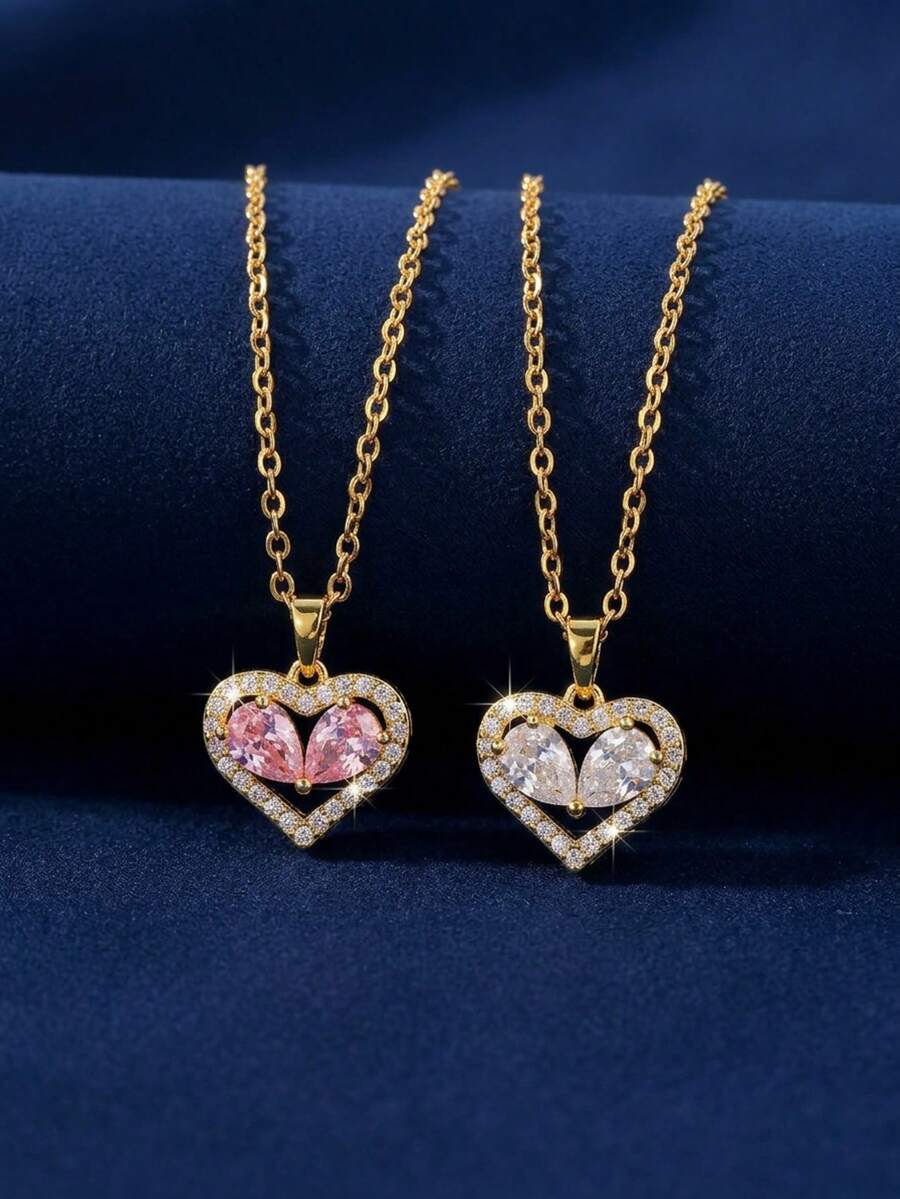 1件优雅金色心形吊坠项链，情人节礼物 - 圆形切割透明钻石和粉色蓝宝石叠层浪漫珠宝礼品 - 彩色 - 查看 1