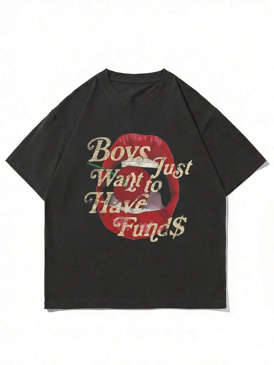 Camiseta de manga corta de estilo casual y urbano para hombre Fractyr | Estampado de letras en inglés y labios de cereza | Diseño exquisito | Imprescindible para primavera/verano | Camiseta básica versátil | Mejor regalo para amigos | Muestra una personalidad única - Negro - Ver 1