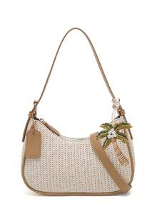 2026新款经典百搭字母图案纯色夏季草编包，单肩包，月牙包，适合购物、斜挎，Y2K腋下包，辣妹包 - 米色 - 查看 7