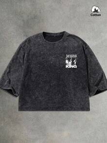 Men's Summer Street Style Graphic Square Box Short T-Shirt, Slightly Stretchy Washed Black Casual Everyday Wear Box Tee - Black - View 2