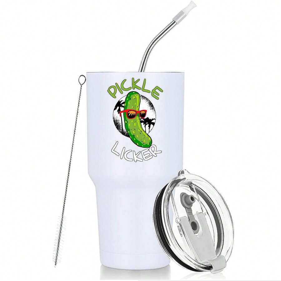 30oz Stainless Steel Tumbler Black White Options, Pickle Licker With Sunglasses And Palm Tree Graphic Cups, Insulated Travel Coffee Mug With Lid And Straw , Double Wall Vacuum Reusable Travel Cups, Funny Birthday Party Gift For Women & Men - trắng - Xem 1