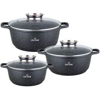 Set di 3 pentole in marmo da 20/24/28 cm ZILNER nero. Il set include: 1 pentola con coperchio, capacità ~2,3 L, 20 cm x 9,5 cm; 1 pentola con coperchio, capacità ~4,5 L, 24 cm x 11,5 cm; 1 pentola con coperchio, capacità ~6,8 L, 28 cm x 12,5 cm