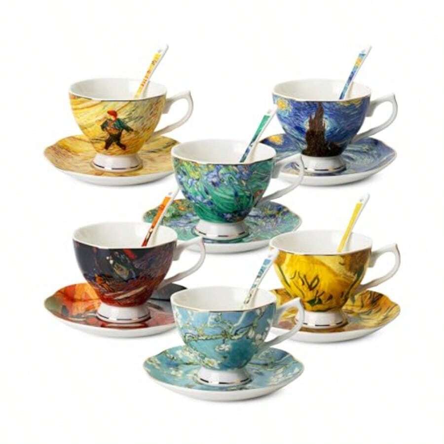 BTaT - Juego de tazas de té de porcelana 6 piezas incluye cucharas - Colores vibrantes con cuchara - Ver 1
