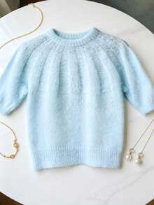 Blue Mohair Knit Top, Crewneck Drop Shoulder Short Sleeve Relaxed Fit Pullover For Summer Parties, Graduation Events & Elegant Style Spring - Baby Blue - View 3