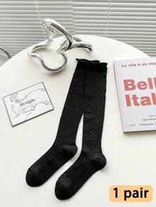 1 Pair Women's Knee-High Socks, Thin Black & White Slimming Leg Socks For Spring/Summer, Versatile Wear With Skirts - Multicolor - View 16