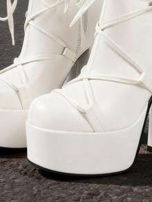 New Fashionable Women's Lace-Up Chunky Heel Platform Zipper Mid-Calf Western Boots - White - View 8