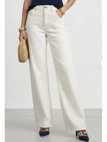 Wide Leg Off-White Twill Pants - Rượu sâm banh - Xem 2