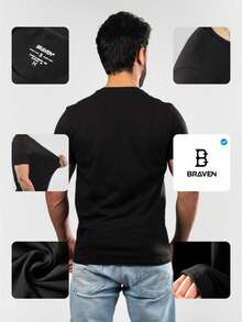 BRAVEN Men's T-Shirt, Peruvian Cotton With Elastane, Plain, Basic, Regular Fit, Casual - màu đen - Xem 3