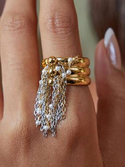 1件时尚个性化仿珍珠流苏吊坠，优雅复古金属多色宽戒指，男女皆宜，适合日常、派对、节日佩戴