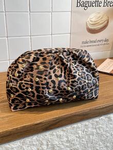 New Rivet Leopard Print Clutch Bag, Pleated Minimalist Cloud Shaped Bag For Women - Brown - View 7