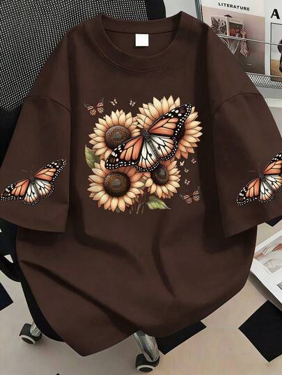 向日葵蝴蝶印花圆领T恤，大码女式休闲夏季时尚短袖，适合夏季度假、海滩、假日、春季、情人节、狂欢节等场合。