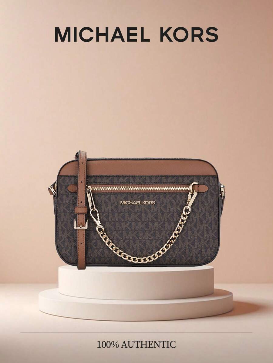 Michael Kors Jet Set Large Logo Crossbody Bag Crossbody Bags For Women Gold-Tone Hardware In Signature Logo-Print Canvas Women's Bag Gift For Her,Mother's Day - 棕色 - 查看 1