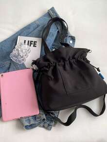 Sac seau en canevas grande capacité pour femmes - Fermeture à cordon, sac à bandoulière et porté en travers, style minimaliste et rétro, cabas polyvalent pour le trajet, le travail, les tenues décontractées et de tous les jours - Noir - Voir 7
