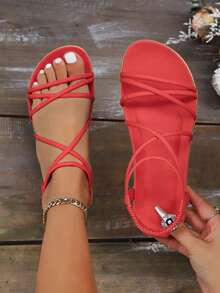 Một đôi sandal đế bằng bằng da PU màu trơn, kiểu dáng thanh lịch, thích hợp cho kỳ nghỉ/mùa hè. - Đỏ - Xem 9