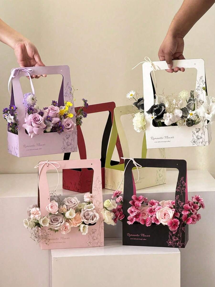 5个可折叠纸质花篮，鲜花包装盒，鲜花手提袋，鲜花包装材料，适用于婚礼、母亲节、生日礼物、婚礼装饰 - 均碼 - 查看 1
