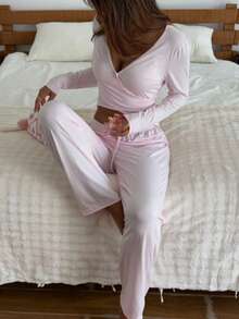 2pcs Women V-Neck Flare Sleeve Top + Straight Elastic Waist Pants Pajama Set - Pink - View 7