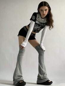 1 Pair Y2K Japanese Gyaru Leg Warmers, Black Slimming Knee High Leg Warmers, Versatile Bell-Bottom Stockings For Women - Multicolor - View 3