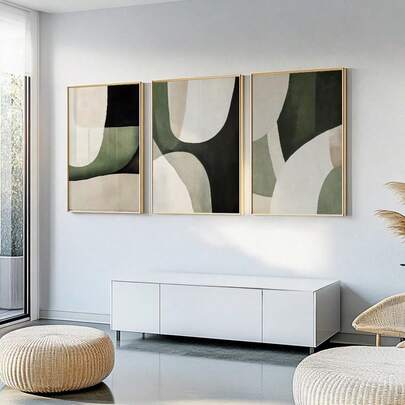 3幅复古海报墙画，米色和橄榄绿抽象笔触帆布画，现代北欧几何艺术版画 - 当代简约风格装饰，适用于卧室和客厅装饰，家居装饰，房间装饰，墙面装饰，卧室装饰