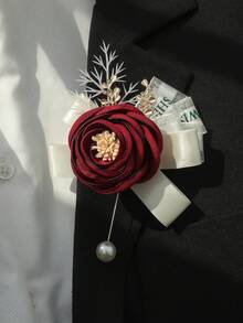 1 pieza/2 piezas Broche y corsage de muñeca de rosa burdeos con acentos blancos de aleación metálica, adecuado para novio, novia, padrino, dama de honor, boda, compromiso, banquete, fiesta, aniversario - Burdeos - Ver 3