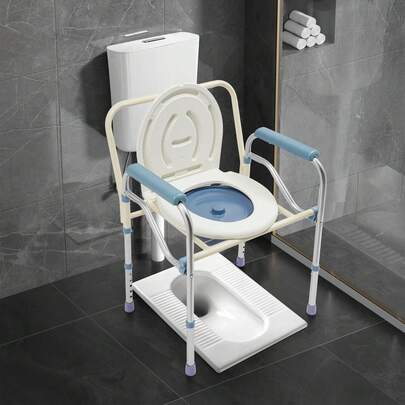 WUPYI2018 Sedia comoda regolabile in altezza con braccioli (capacità di carico 150 kg) – Sedia pieghevole multifunzionale per anziani e donne incinte | Sedia da doccia + ausilio per WC + sedia da comodino | Piedini in gomma antiscivolo e padella rimovibile (regolabile da 65 a 75 cm)