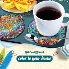 6pcs DIY Diamond Painting Coaster Set With Holder - Tree Theme, Round And Asymmetrical Diamond Shapes, Wooden Craft Kit, Suitable For Adults And Beginners - View 4