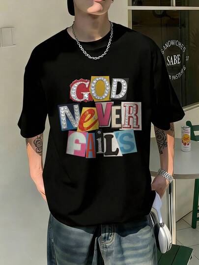  Camiseta de Manga Curta Casual de Rua Solta de Moda Masculina Fractyr | Estampas em Inglês, Diamante e Retalhos | Design Requintado | Imperdível para Primavera/Verão | Estilo Básico, Versátil e Fácil de Usar, Sensação de Algodão | Presente Perfeito para Amigos | Mostre sua Personalidade Única