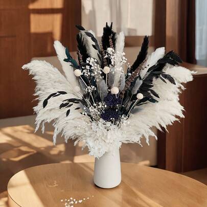 1 Set Of Bohemian Style Decorative Bouquets- 50pcs, Black And White Reed Grass, Rattan Flower Garlands, Suitable For Home Decoration, Wedding Party Decoration, Christmas, Halloween, Thanksgiving, Easter Decoration- Floral Theme