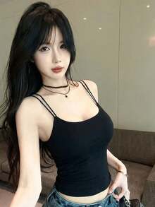 女士无袖吊带背心，带胸垫，褶皱设计适合小胸，休闲甜美风，夏季新品黑色 - 黑色 - 查看 3