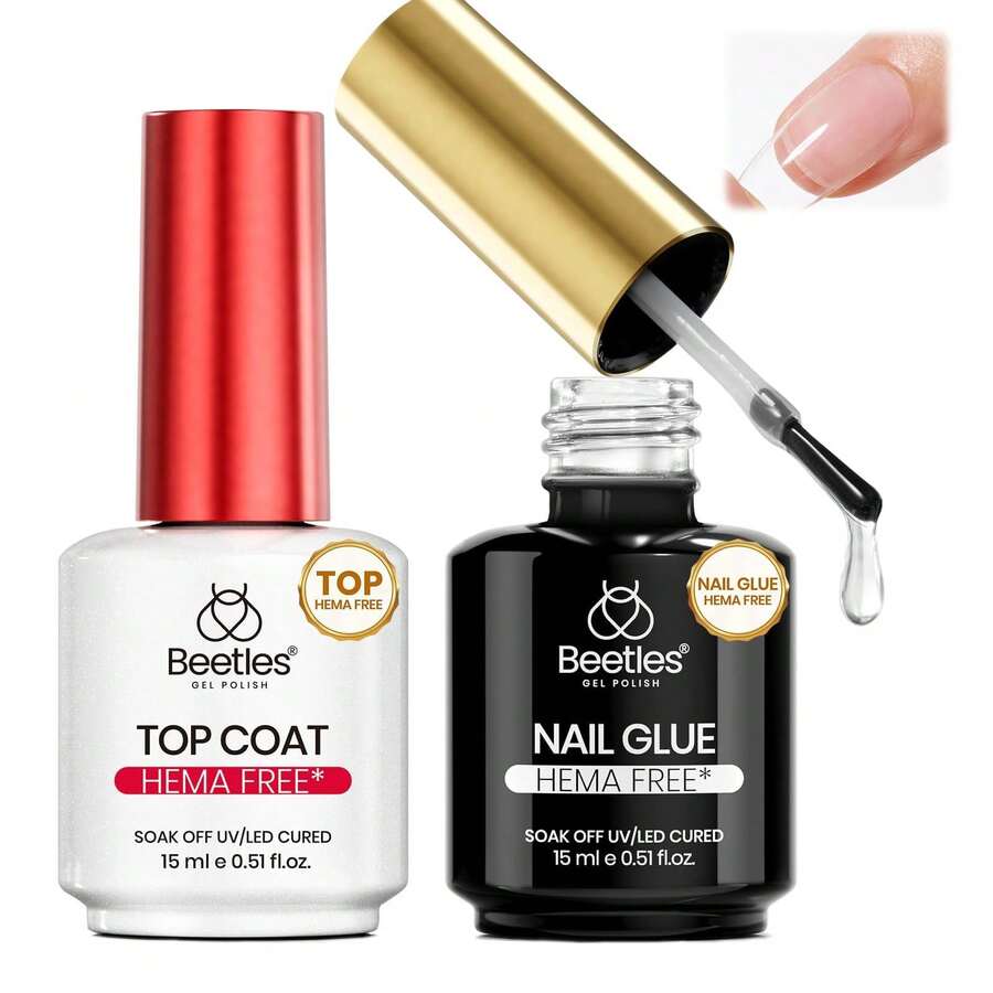 Beetles HEMA-Free Nail Tips Glue Kit, All-In-One Nail Extension Kit For Press On False Nails, DIY Salon Manicure At Home - 2Pcs 15Ml TPO-free Nail Glue & No-wipe Top Coat Set - View 1