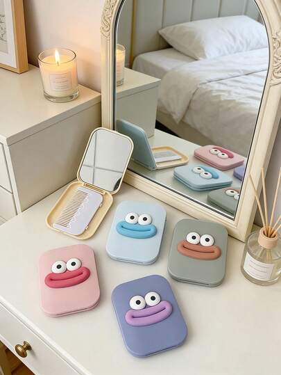 1个可爱有趣的香肠嘴化妆镜，卡通大嘴便携式化妆镜带小梳子，塑料翻盖式化妆镜