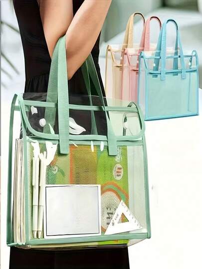 Mochila/bolsa de almacenamiento de exámenes multifuncional de gran capacidad y portátil, transparente y duradera de PVC - Diseño plegable de doble capa con bolsillo para archivos A4, estuche para bolígrafos y múltiples compartimentos. Adecuado para almacenamiento en la escuela, la universidad y el escritorio de la oficina; carpeta expandible autoadhesiva. Ligero y duradero, adecuado para la oficina, el estudio y los viajes (verde/rosa/azul). Bolsa de almacenamiento de archivos de escritorio, bolsa de almacenamiento, esencial de vuelta a la escuela, bolsa de almacenamiento, clip para tarjetas fotográficas, caja organizadora de almacenamiento, armario de almacenamiento.