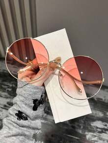 1 Pair Women's Metal Oversized Round Fashion Glasses, Summer New Arrival, Curved Arm Design, Suitable Daily, Travel, Party, Stage Show, Beach, Street Photography, Runway - 漸變灰色 - 查看 1