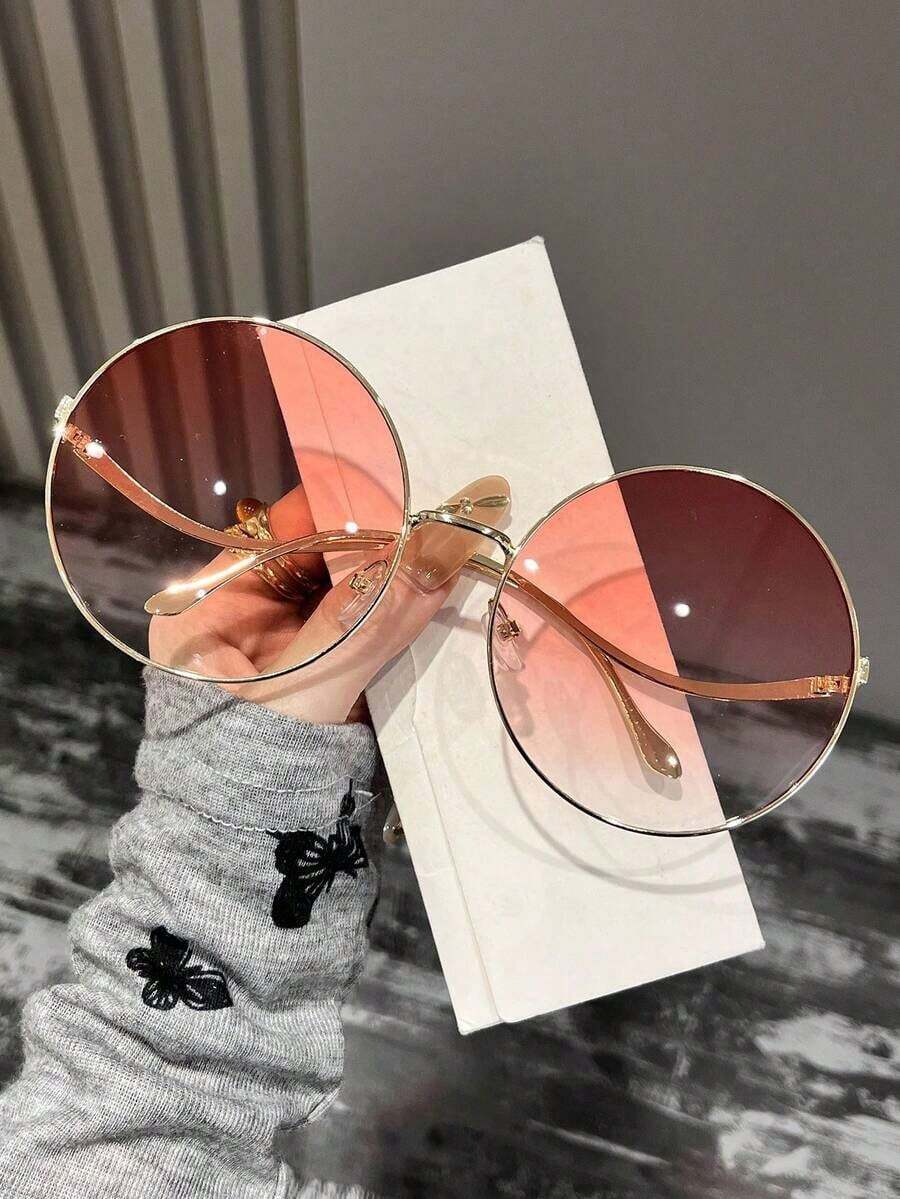 1 Pair Women's Metal Oversized Round Fashion Glasses, Summer New Arrival, Curved Arm Design, Suitable Daily, Travel, Party, Stage Show, Beach, Street Photography, Runway - 漸變灰色 - 查看 1