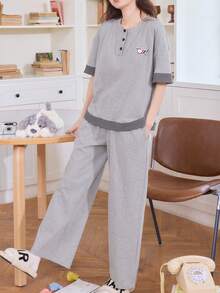女士圆领睡衣两件套，长袖上衣和长裤，柔软舒适，适合春秋季穿着 - 淺灰色 - 查看 3