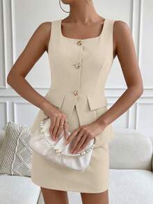 Women 2 Piece Outfits Button Up Sleeveless Blazer Vest Tops Mini Skirt Sets Casual Summer Vacation Office Dating Matching Set - 米色 - 查看 3