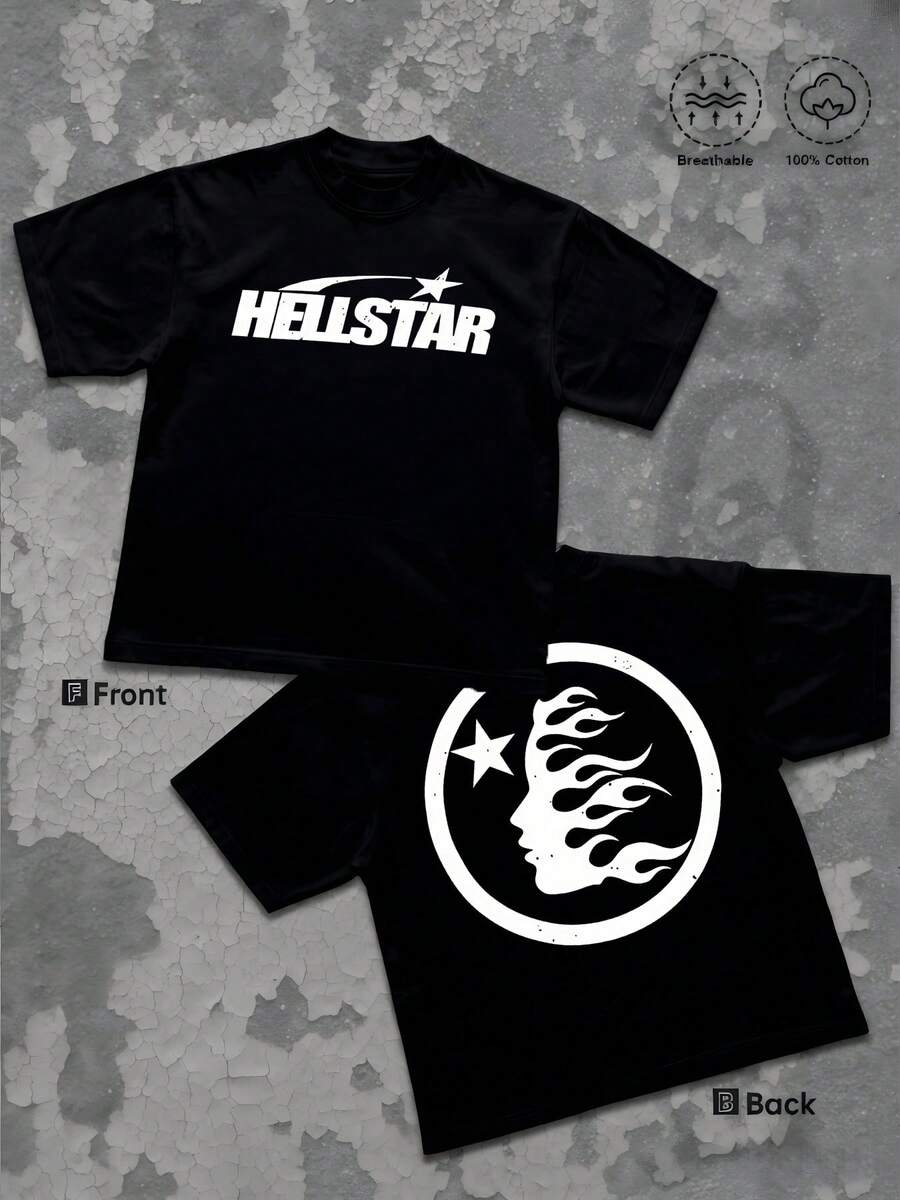 Flame Face Graphic Men's 220g Casual T Shirt Streetwear 100% Cotton Graphic Men Clothes 1pcs Oversized Double Sided Printed T Shirt Y2K Tee - 黑色 - 查看 1