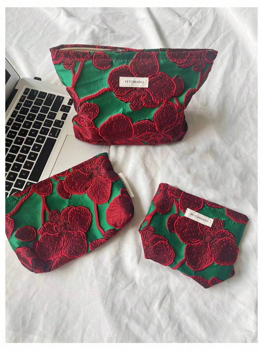 1个绿色和酒红色花卉图案便携多功能旅行化妆包，时尚休闲大容量拉链化妆包，旅行文具收纳包，度假必备化妆包，可装耳机、充电器、口红、化妆品、香水、护肤品、家居装饰品，适合妈妈、护士、学生、钥匙扣持有者，节日礼物