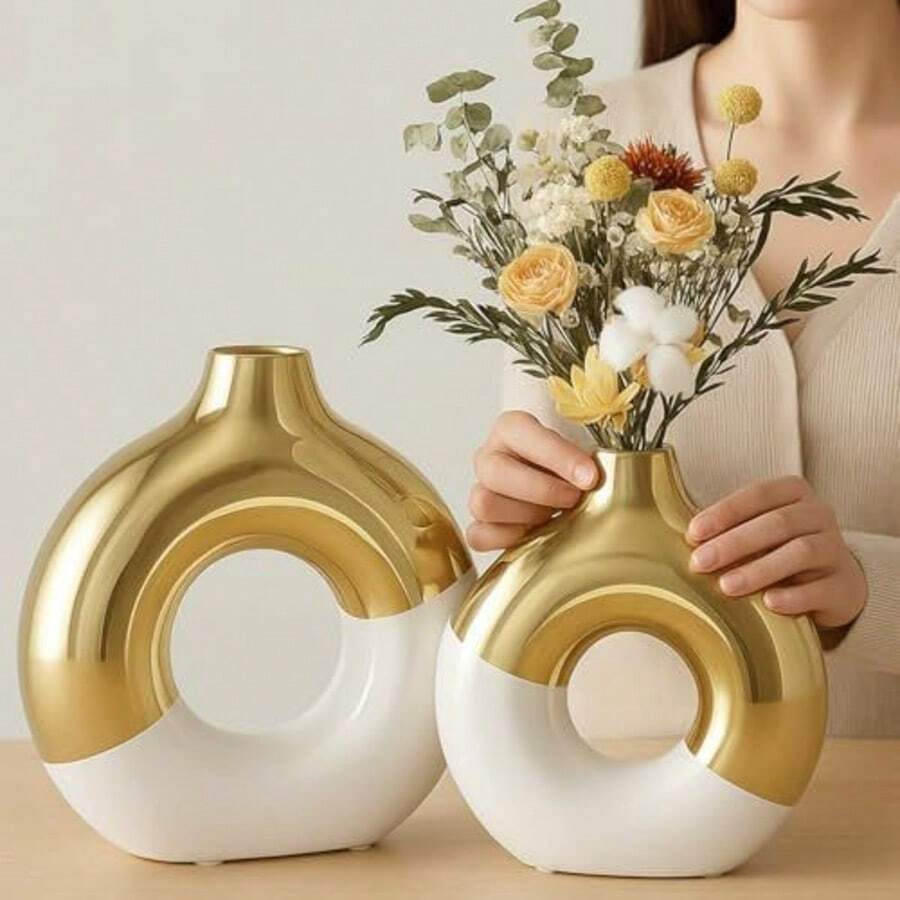 1 pieza Jarrón con forma de rosquilla, jarrón redondo de pasto pampa, jarrón decorativo moderno nórdico para flores, jarrón decorativo para boda, adecuado para dormitorio, sala de estar, mesa de café, oficina, decoración del hogar, regalo de cumpleaños de amigo, boda, inauguración de la casa, Día de la Madre - Multicolor 1 - Ver 1