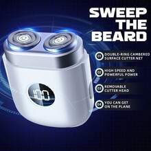 FIBY Electric Beard Shaver For Men, Waterproof, Digital Display, Portable For Outdoor Use, USB Charging, Washable Double-Head Razor Blade - WHITE - View 5